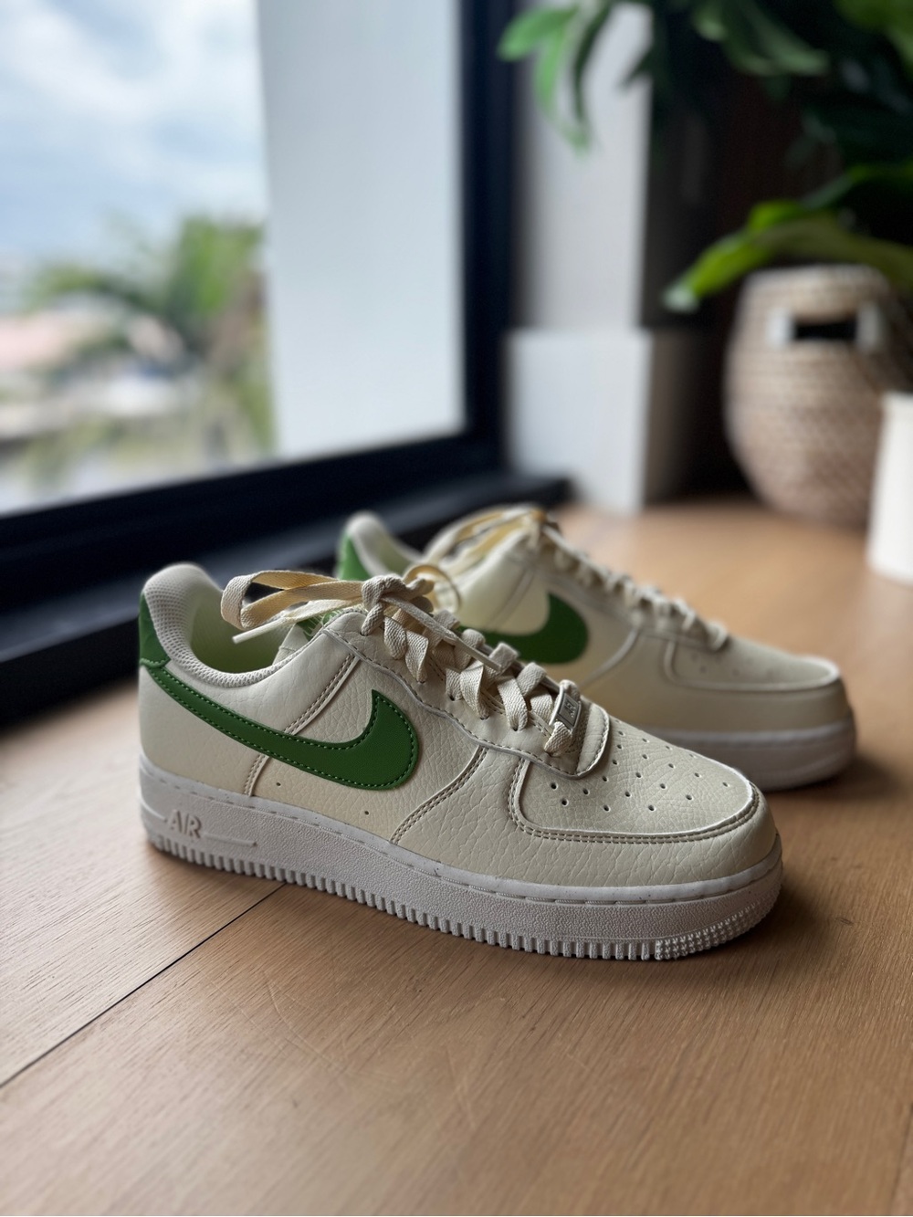 Nike Cream Low-Top Sneakers with Green Swoosh
